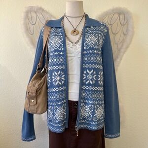 Cottagecore Indie Blue Snowflake Sequin Zip Up Collared Sweater Cardigan Retro